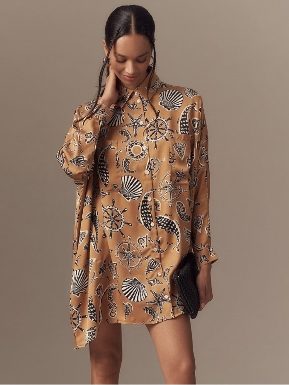 Corey Lynn Calter Printed Oversized Mini Shirtdress Nautical Sea Shells Size XS